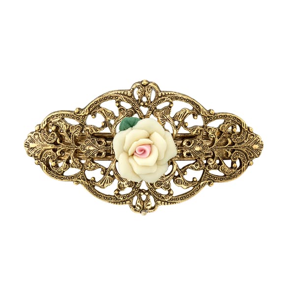 Womens 1928 Gold Tone Porcelain Rose Barrette - image 