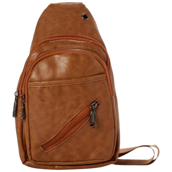 Mens Double Zipper Pebble Texture Brown Sling Bag