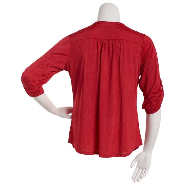 Plus Size Notations ¾ Sleeve Solid Jacquard Zip Henley Blouse