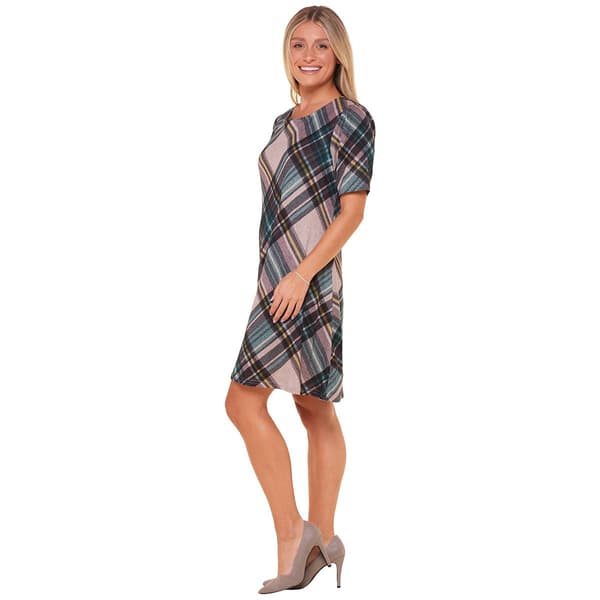 Petite Madison Leigh Short Sleeve Plaid Knit Dress