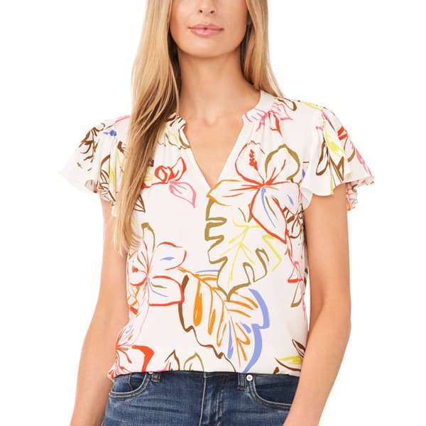Womens Cece Flutter Sleeve Split Neck Floral Doodle Blouse - image 