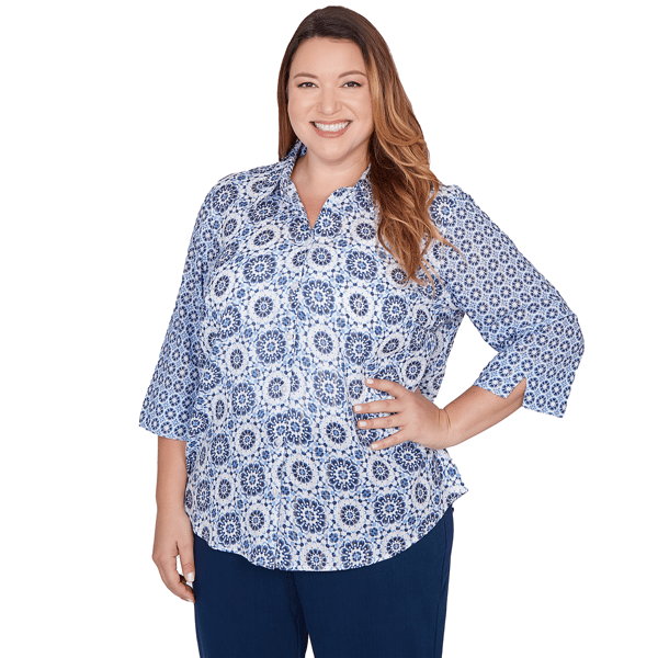 Plus Size Alfred Dunner Mykonos Geometric Button Front Blouse