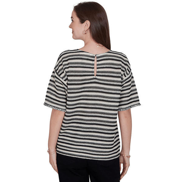 Womens Ruby Rd. Tropical Noir Texture Stripe Fringe Sleeve Blouse