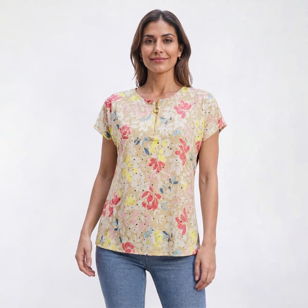 Petite Emily Daniels Short Sleeve Henley Disco Floral Blouse