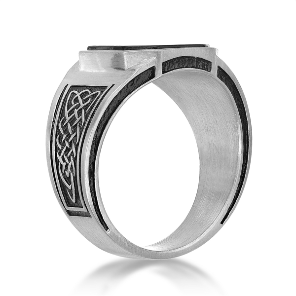 Mens Lynx Stainless Steel Black Agate & Black Resin Ring