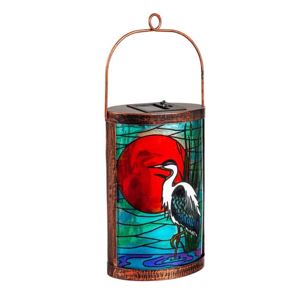 Evergreen Handpainted Blue Heron Solar Glass Lantern - image 