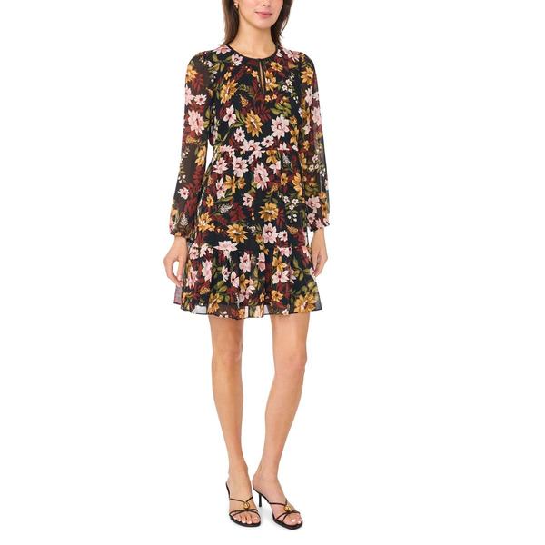 Womens MSK Long Sleeve Floral Keyhole Neck Chiffon A-Line Dress