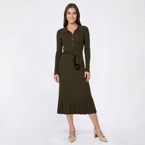 Womens Kathy Ireland Long Sleeve Solid Ribbed Self Belt Dress