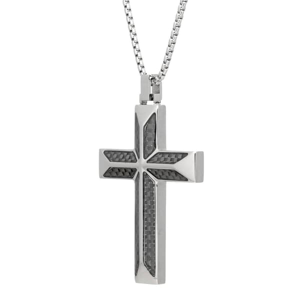 Mens Lynx Stainless Steel & Carbon Chain Cross Pendant