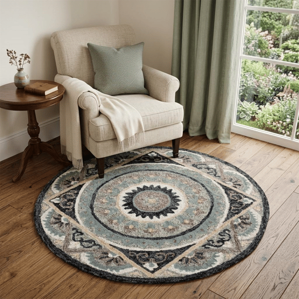 HomeRoots Round Grey Geometric Medallion Area Rug