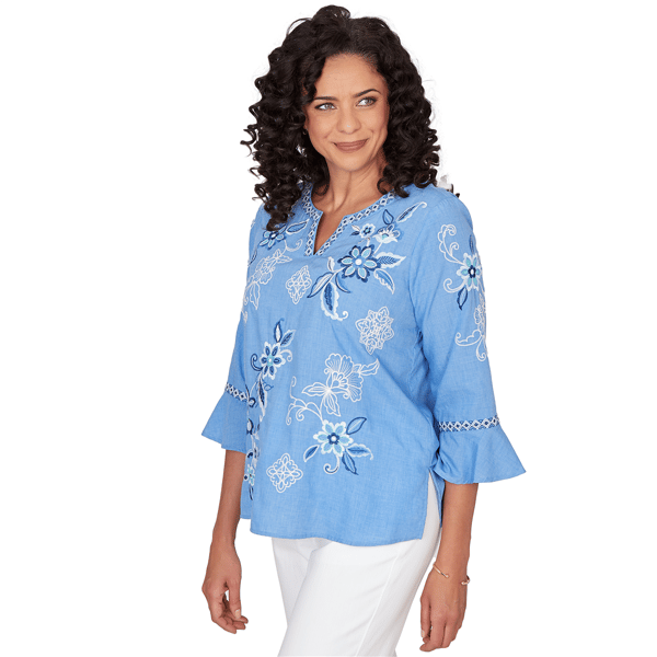 Womens Alfred Dunner Mykonos Split Neck Floral Embroidery Blouse