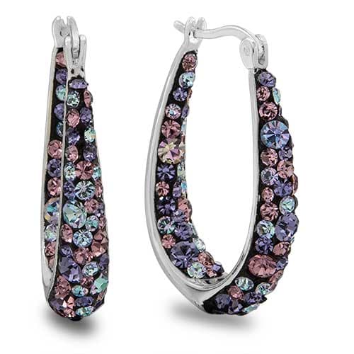 Silver Plated Purple Confetti Crystal Hoop Earrings
