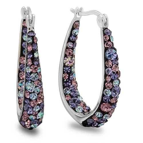Silver Plated Purple Confetti Crystal Hoop Earrings