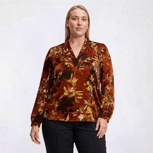 Plus Size Kasper Long Cuff Sleeve V-Neck Floral Satin Blouse