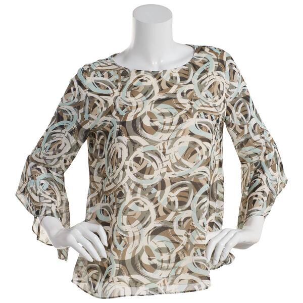 Womens Kasper Ruffle Sleeve Abstract Circle Round Neck Blouse - image 