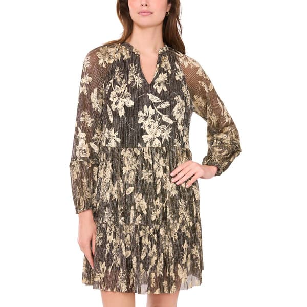 Womens MSK Long Sleeve Floral Crinkle A-Line Dress