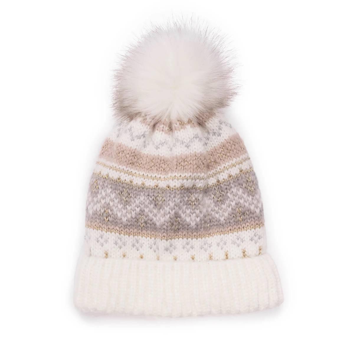 Womens MUK LUKS® Mixed Yarn Cuff Pom Beanie - Ivory