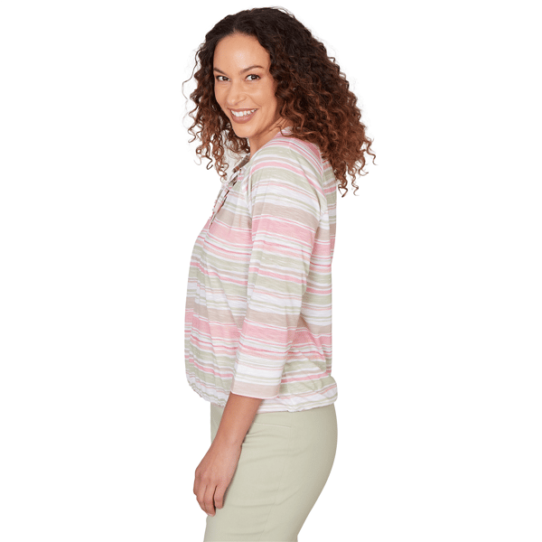 Petite Hearts of Palm Bloom Service Tie Neck Stripe Blouse