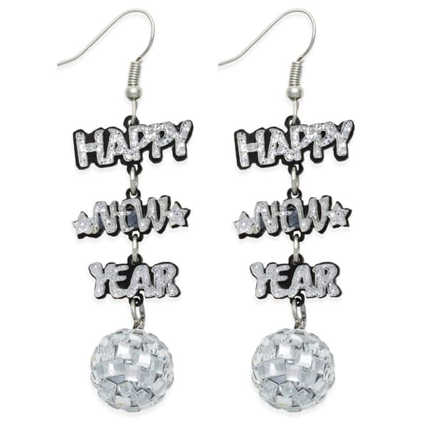 Silver-Tone Glitter Happy New Year Disco Ball Drop Earrings - image 
