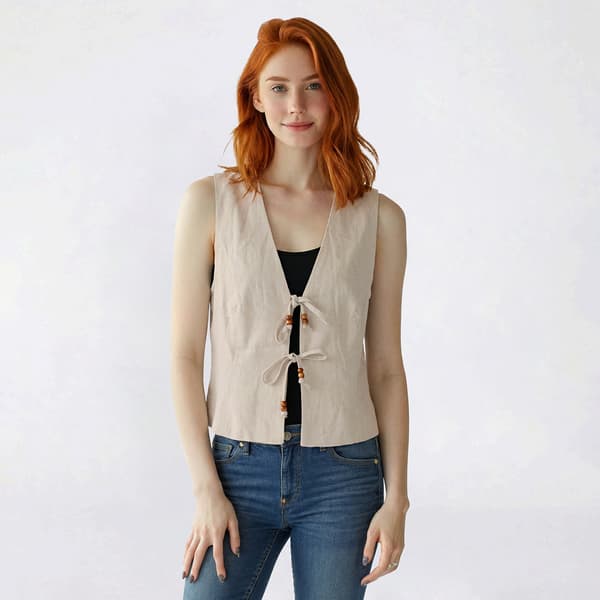 Juniors Love Tree Linen Bead Tie Front Vest
