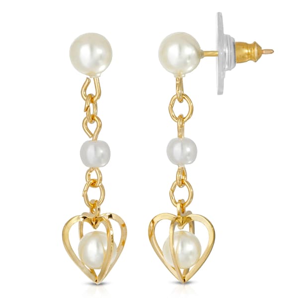 1928 14kt. Gold Dipped Double Pearl Drop Heart Earrings - image 