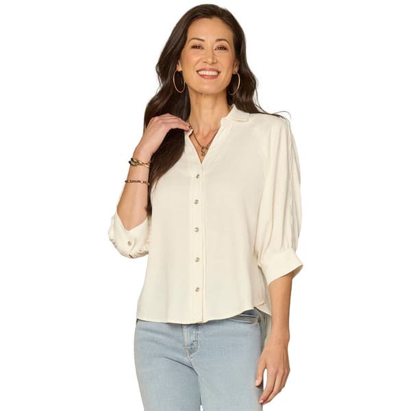 Petite Democracy Elbow Sleeve V Neck Snap Front Woven Blouse