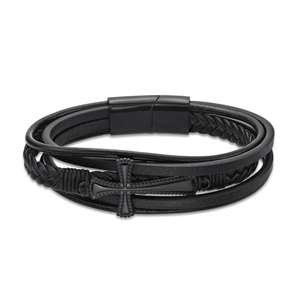 Mens Lynx Black Ion Plated & Black Leather Bracelet - image 