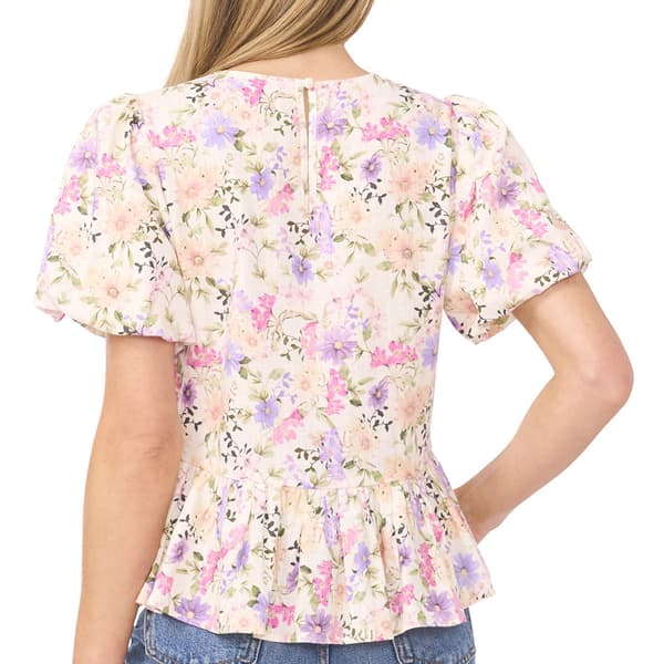 Womens Cece Short Puff Sleeve Floral Garden Peplum Blouse