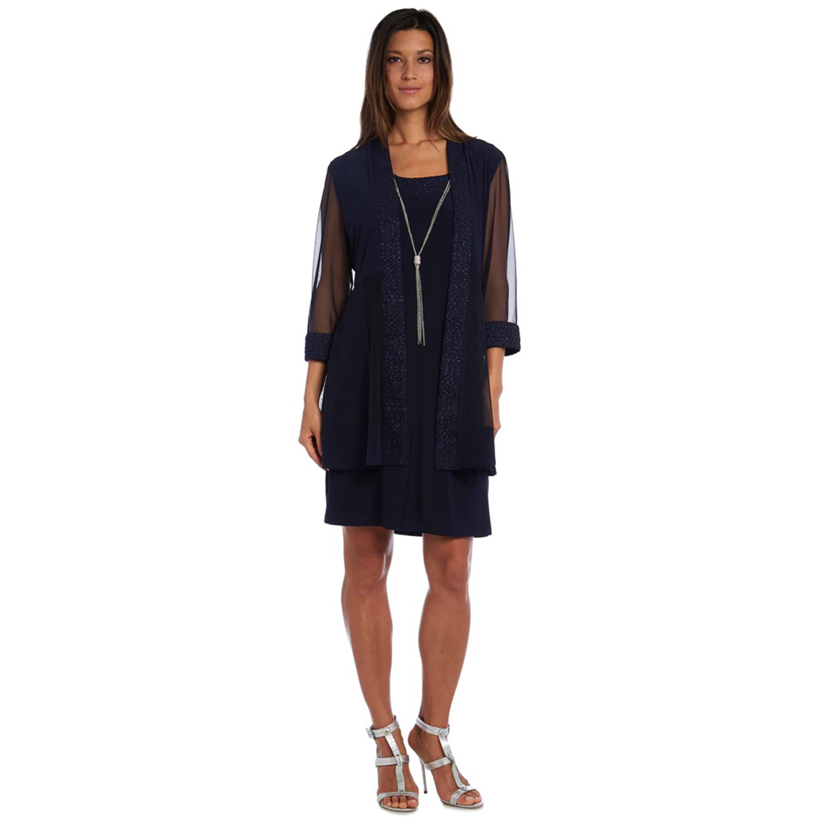 Womens R&M Richards Glitter Jacket Dress with Necklace