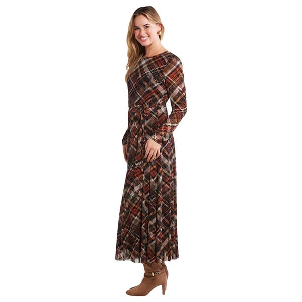 Womens Sandra Darren Long Sleeve Tie Waist Plaid Mesh Dress