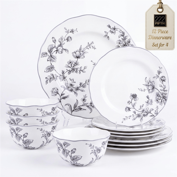 222 Fifth Bellamy Porcelain 12pc. Dinnerware Set - Service for 4 - image 