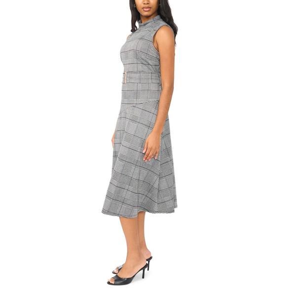 Womens MSK Sleeveless Mock Neck Belted Plaid Midi Dress