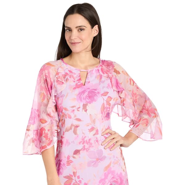 Petite R&M Richards 3/4 Sleeve Floral Ruffle Trim Shift Dress