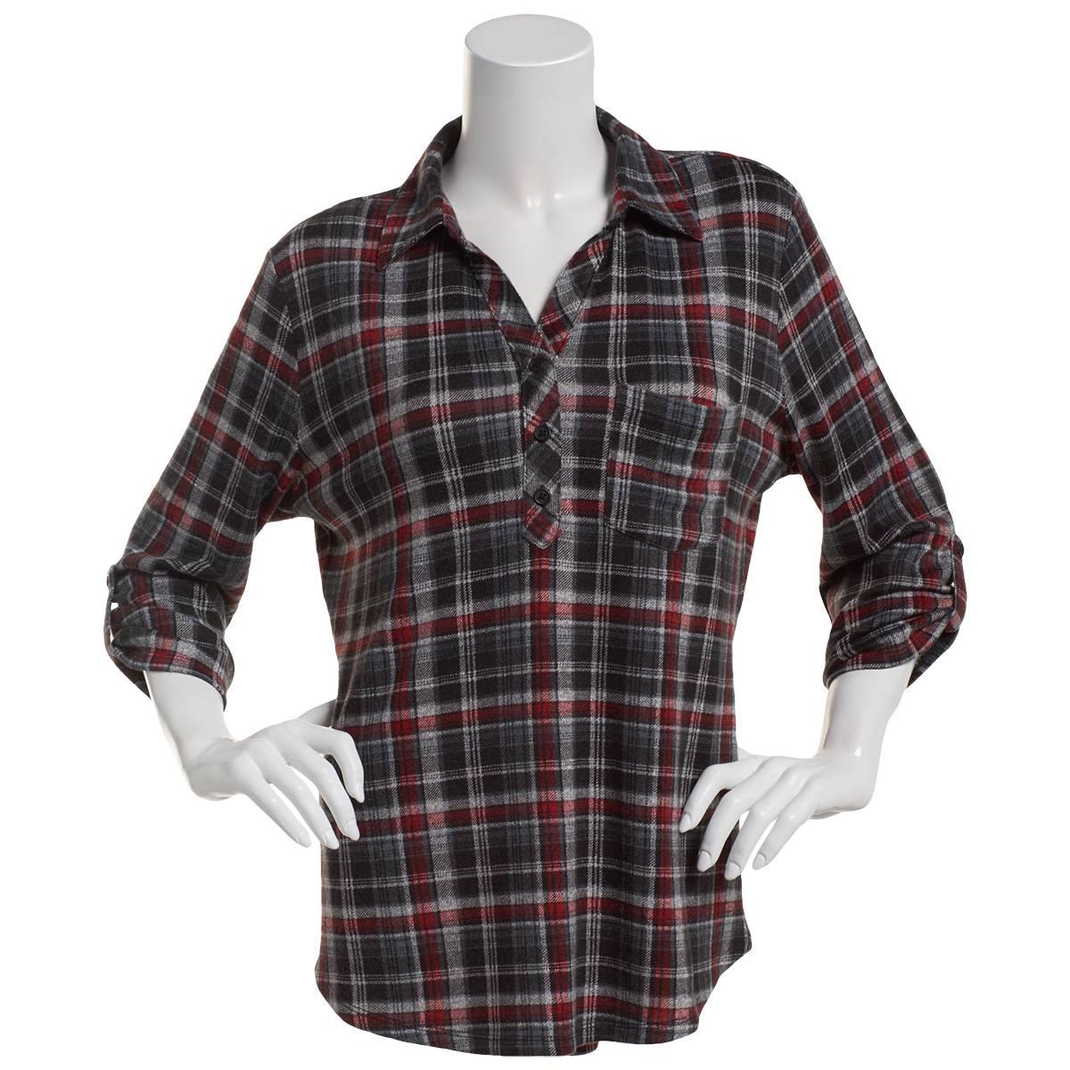 Petite Emily Daniels 3/4 Sleeve Plaid Hacci Blouse - Black/Red