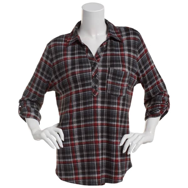 Plus Size Emily Daniels 3/4 Sleeve Plaid Hacci Blouse - Black/Red - image 