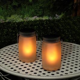 Alpine Solar Jar Glass Lantern w/ LED Dancing Flame - Set of 2