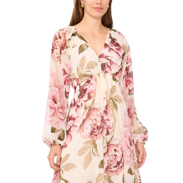 Womens MSK Long Sleeve V Neck Floral Chiffon Midi Dress