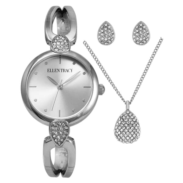 Womens Ellen Tracy Crystal Watch Pendant & Earrings Set-ETJ8182SL - image 