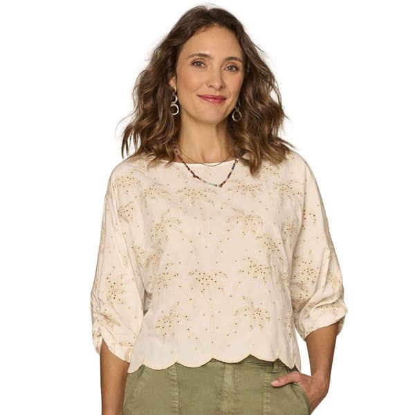 Petite Democracy 3/4 Pleated Sleeve Boat Neck Woven Top With Sc - image 