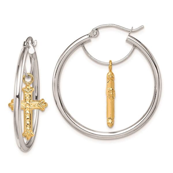 Womens Gold Classics&#40;tm&#41; 14k Two-Tone Cross Dangle Hoop Earrings - image 