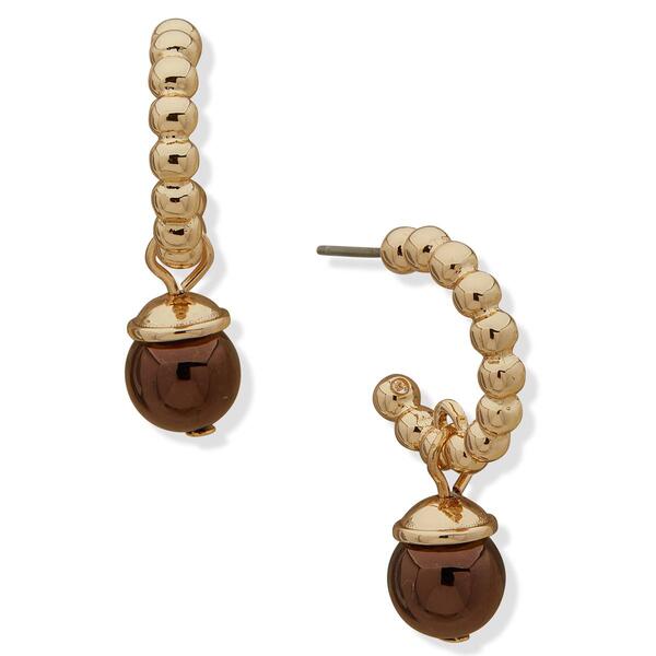 Chaps Gold-Tone & Brown Post C Hoop Drop Earrings - image 