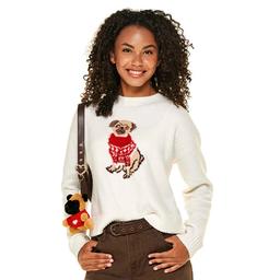 Juniors No Comment Mossy Pug Sweater with Keychain