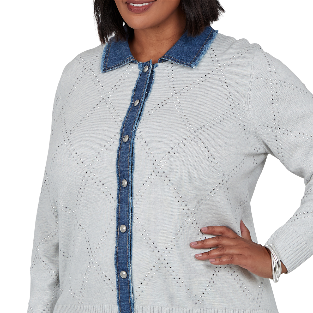 Plus Size Alfred Dunner Ann Arbor Denim Trim Rhinestone Cardigan