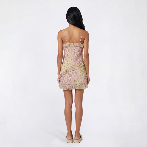Juniors Pink Rose Floral Chiffon Ruffle Trim Skater Dress -Floral