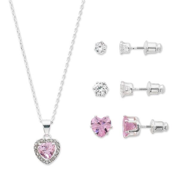 Danecraft Pink Heart Stone Pendant & 3pc. Earrings Set - image 