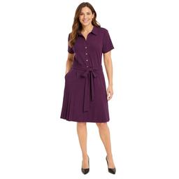 Womens Sharagano Solid Short Sleeve Crepe Pleated Shirtdress
