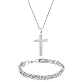 Mens Lynx Stainless Cross Pendant & Foxtail Chain Bracelet Set