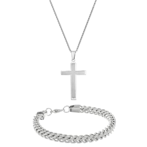 Mens Lynx Stainless Cross Pendant & Foxtail Chain Bracelet Set