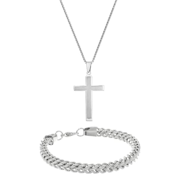 Mens Lynx Stainless Cross Pendant & Foxtail Chain Bracelet Set - image 