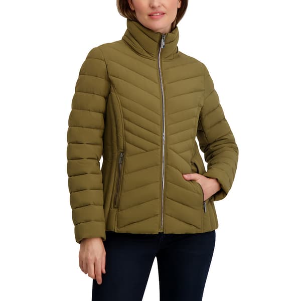 Womens Nautica Short Stretch Puffer Jacket w/Faux Fur Lined Hood